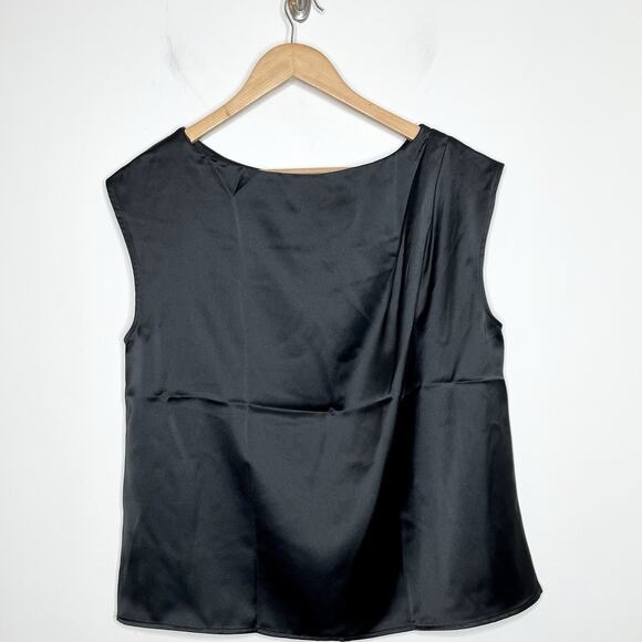 Loft Asymmetrical Satin Sleeveless Top Black Womens L Shiny Minimalist Dressy - Picture 7 of 7